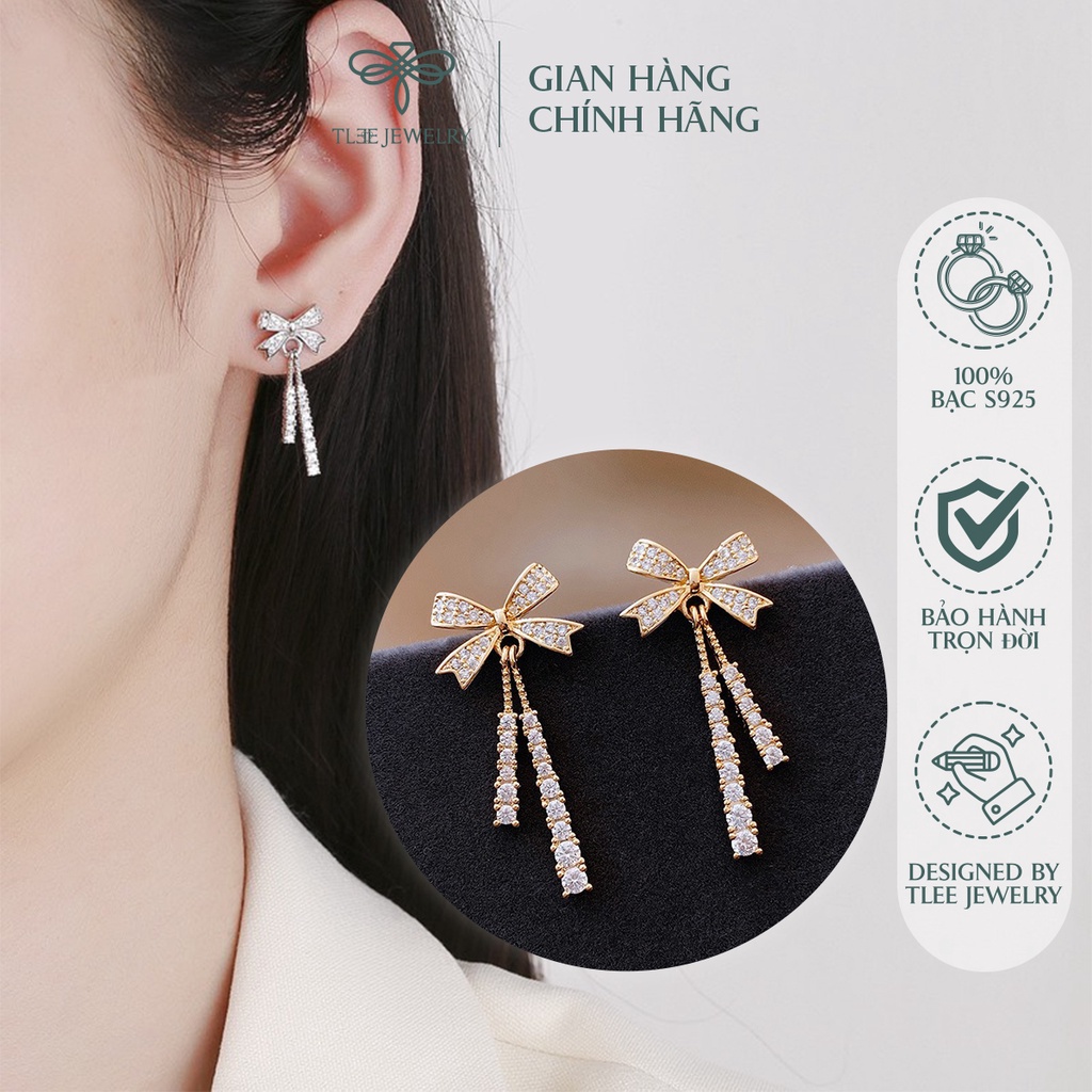 Khuyên tai bạc nữ TLEE nơ dáng dài tiểu thư nạm đá sáng sang trọng NCJ B0144