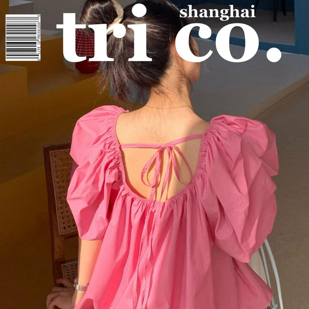 Áo Kiểu Nữ Tay Phồng Ngắn Xếp Ly Xinh Xắn Thời Trang