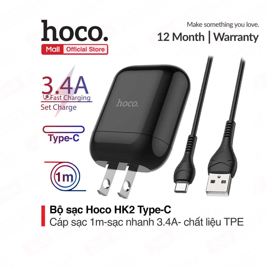 Bộ sạc nhanh 3.4A Hoco HK2 vật liệu nhựa PC cao cấp kèm dây sạc Type-C dài 1M cho Android