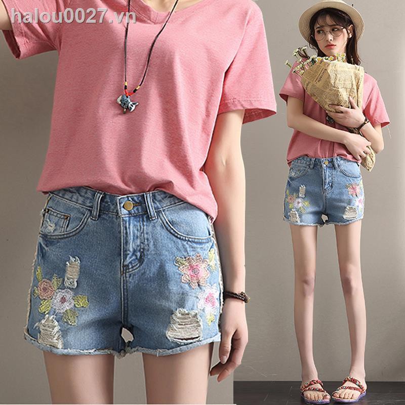 Quần Short Jeans Lưng Cao Thêu Họa Tiết Thời Trang Cho Nữ 2018