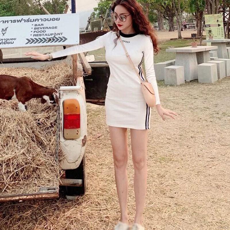 Đầm Bó Tay Dài Cổ Tròn In Chữ Kiểu Hàn Cho Nữ