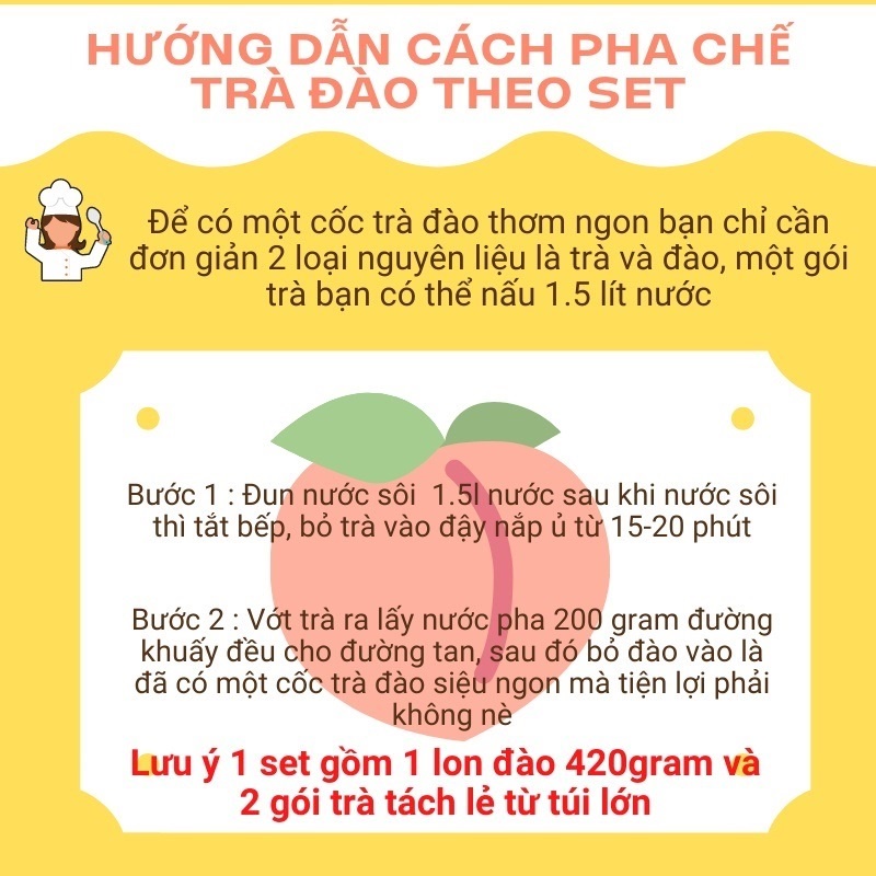 Set trà đào tự pha 3 món ( lon đào 420 gr , 2 gói trà đào túi lọc, 1 siro mini hương đào) pha được 8-10 ly làm đồ uống. | BigBuy360 - bigbuy360.vn