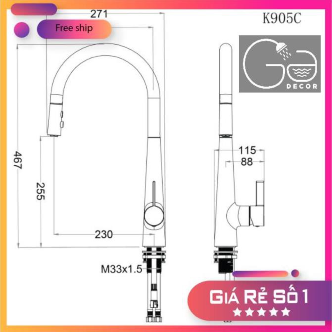 VÒI BẾP NÓNG LẠNH,VÒI GẮN CHẬU, VÒI RỬA CHÉN BÁT NÓNG LẠNH RÚT DÂY CAESAR K905C CHÍNH HÃNG MẪU MỚI