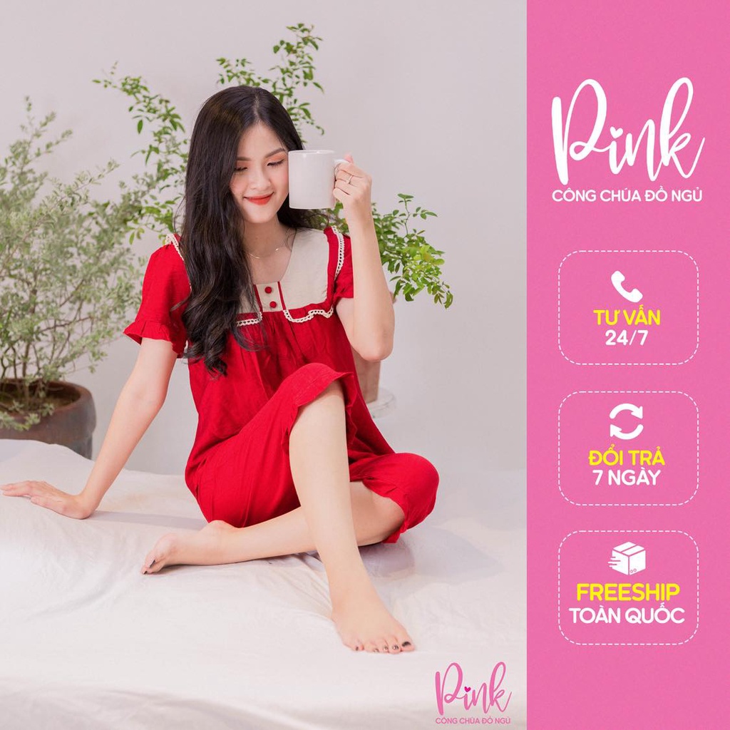Bộ Ngủ Pijama Nữ Màu Đỏ Tay Ngắn Quần Lửng Chất Đũi Cao Cấp Thoáng Mát Hút Mồ Hôi Phong Cách Ulzzang Hàn Quốc Trẻ Trung