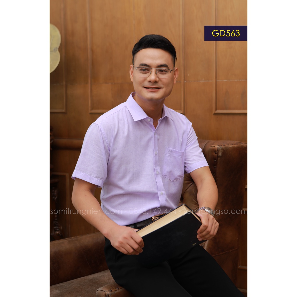 Áo Sơ Mi Nam Công Sở Trung Niên Anton Somianton Màu Tím Ngắn Tay Họa Tiết In Vải Cotton  – GD563