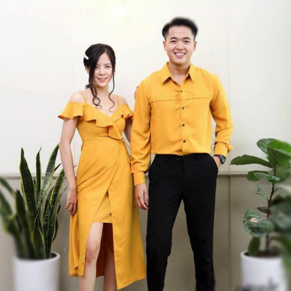 Áo đôi áo cặp 🎀FREESHIP🎀  Set váy nữ sơ mi nam cặp chụp cưới, dự tiệc, du lịch màu vàng đẹp - AV92