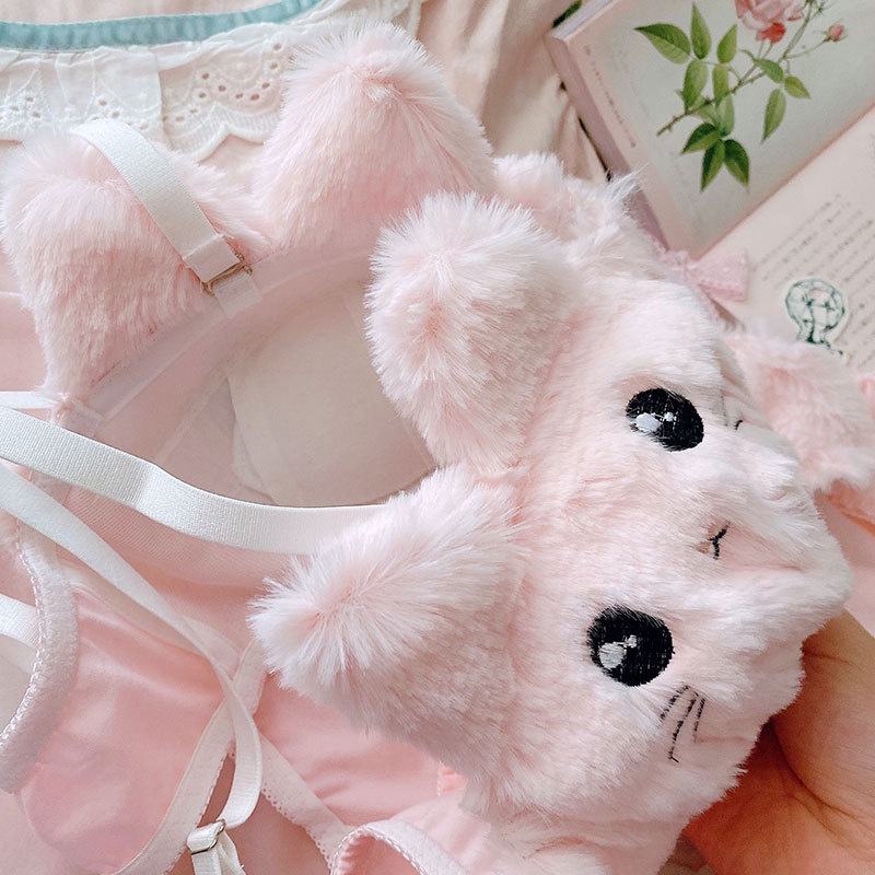 Bộ đồ lót phối vải lông thêu hình chú mèo ôm nâng ngực