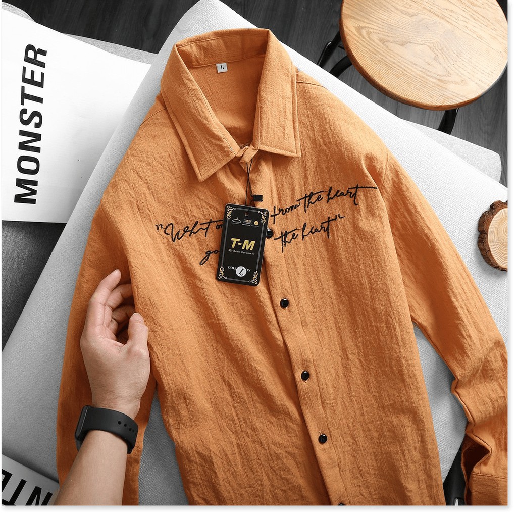 Áo Sơ Mi Nam Vải Đũi Thêu Chữ Cá Tính  Mềm Mịn Không Nhăn ! HP