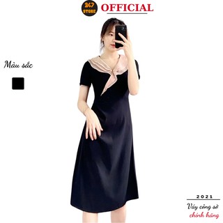 Đầm công sở cổ tim phối be 247STORE (màu đen), midi, dáng dài, cộc tay, cổ V, ôm eo, vải tuytxi mềm nhẹ, không lộ