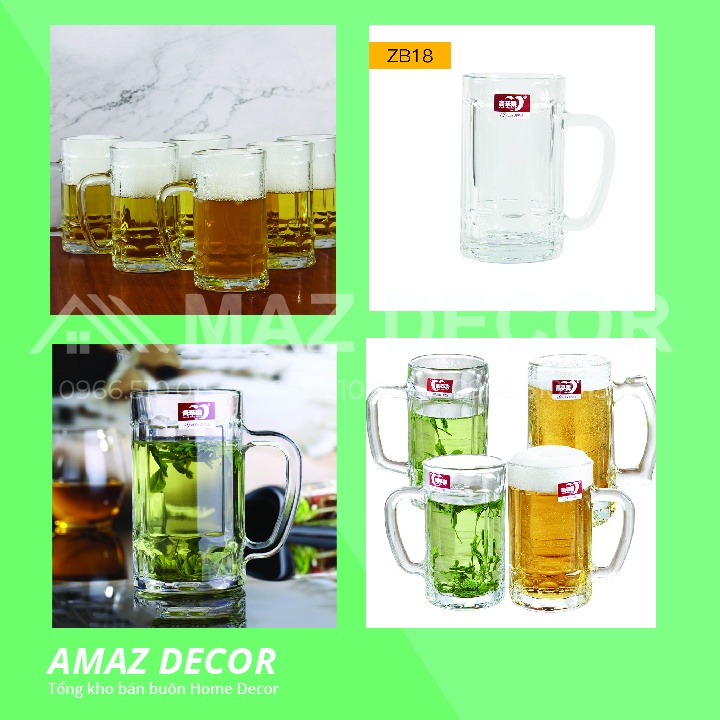 CỐC LY THỦY TINH CÓ QUAI TAY CẦM UỐNG BIA ZB-18 DÀY DẶN 400ML