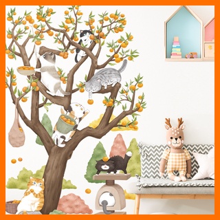 Decal dán tường mèo hái cam cute mẫu bắc âu trang trí nhà cửa