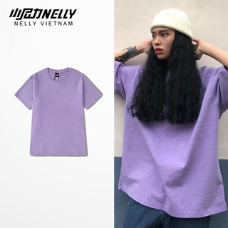Áo thun tay lỡ NELLY cotton 4 chiều dáng unisex màu tím trơn mã N0124