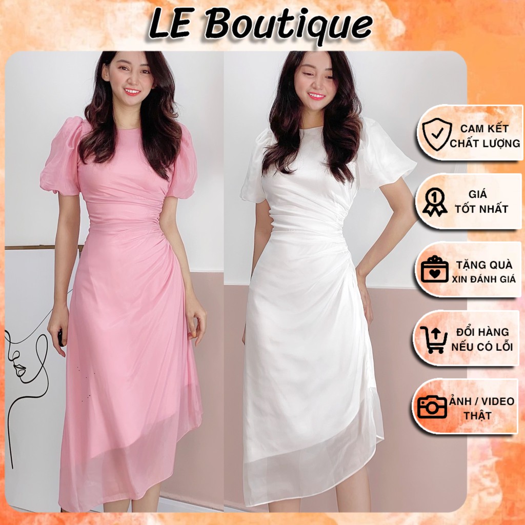 Đầm Công sở cổ thuyền tay búp, nhẹ nhàng, cổ kính, xòe nhẹ, tay lở, trắng, hồng, dài qua gối, maxi