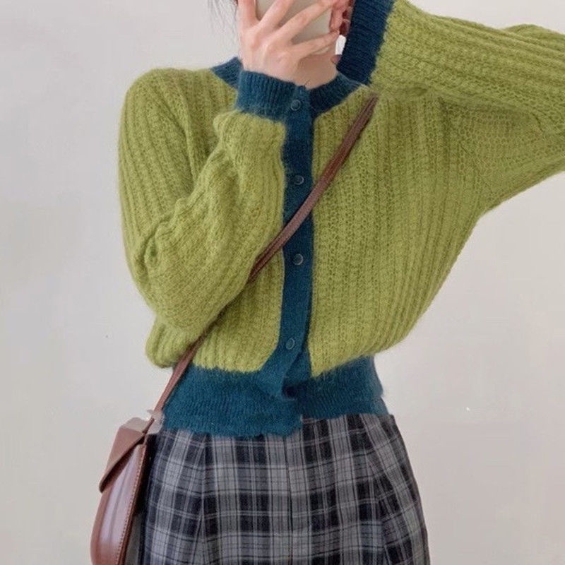 Áo khoác cardigan dệt kim phối màu tương phản dễ thương thời trang cho nữ
