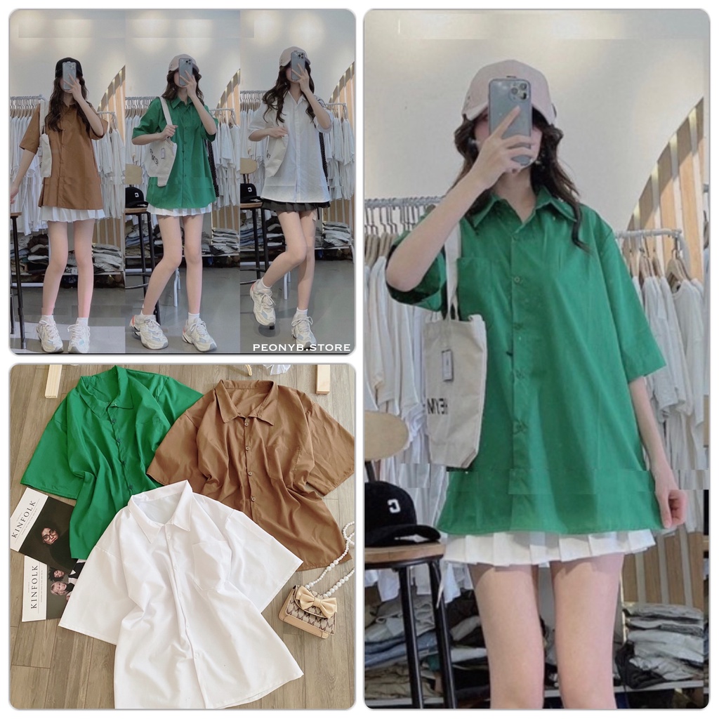 Áo Sơ Mi Thô Hàn Xnt PEONYB Nữ [FREESHIP]  Thun kiểu học sinh form rộng tay lỡ cổ bẻ hàn quốc đường phố Ulzzang