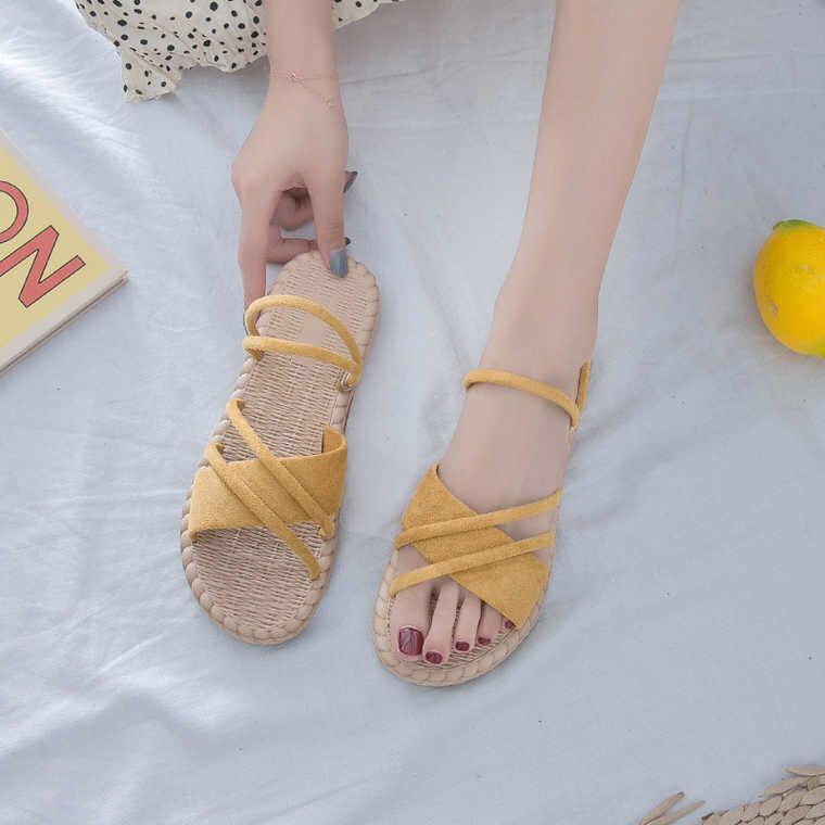 Giày Sandal Đế Bằng Phối Dây Chéo Thời Trang Xinh Xắn Cho Nữ