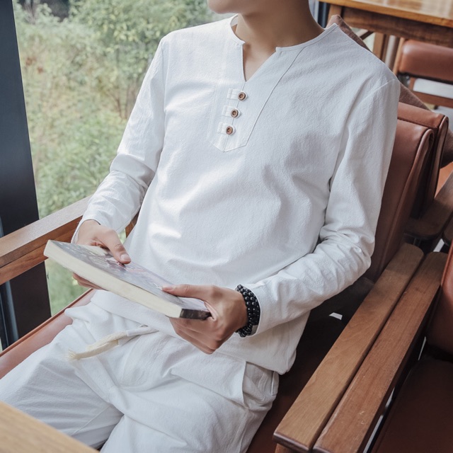 Áo Kiểu Nam Xô Cotton Trắng Tay Dài Form Rộng Mỏng Mát Phong Cách Âu Mỹ Hàn Size S-4XL - Lucky Girl