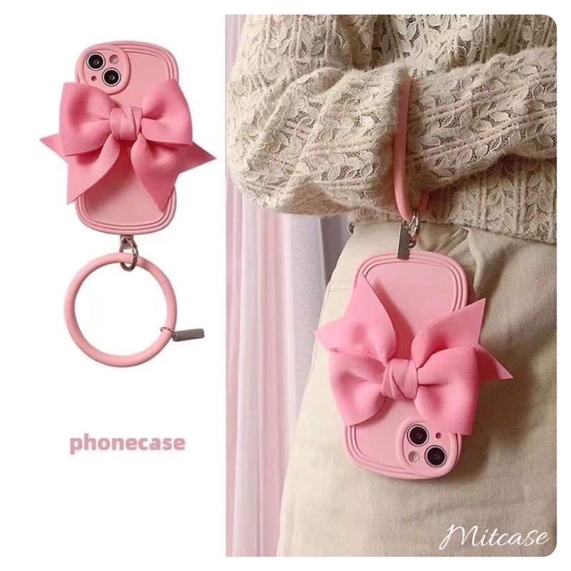 Ốp điện thoại iPhone silicon viền sóng màu hồng pastel kèm nơ và móc 7plus 8plus x xsm 11promax 12promax 13promax