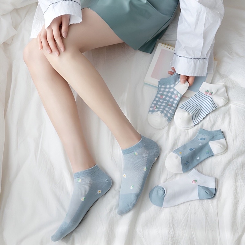 Set 5 đôi tất dâu xanh nữ,  vớ trắng xanh cotton thấm hút tốt