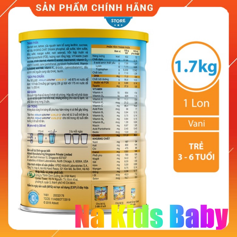  Sữa bột Abbott Grow 3+ hươu cao cổ 1,7kg date 5/2023