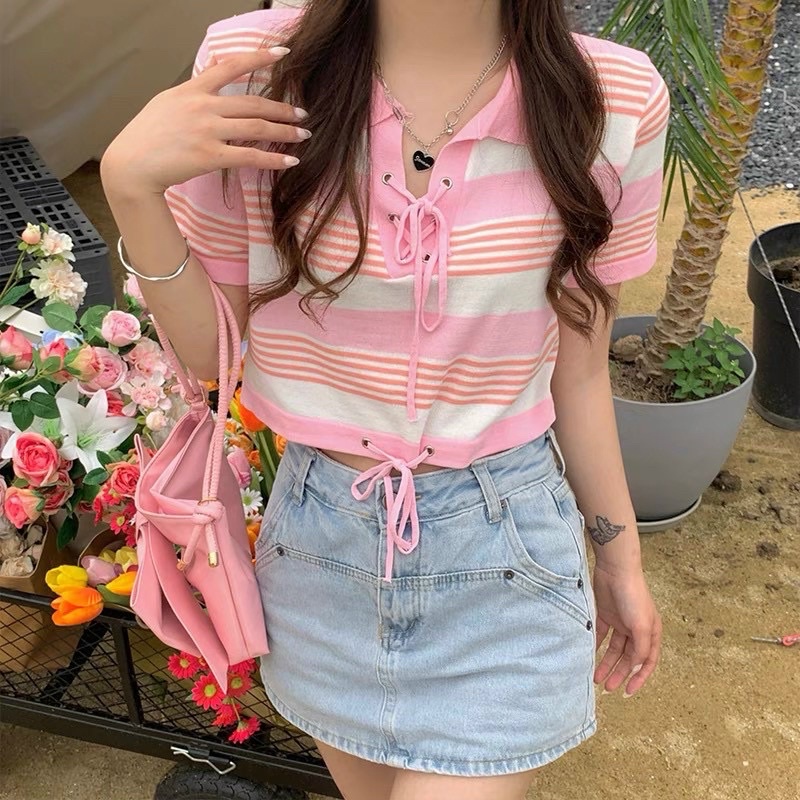 Áo len polo kẻ dáng croptop đan dây, Áo kiểu len cổ bẻ form ngắn AL6563 - NhiNhi Shop
