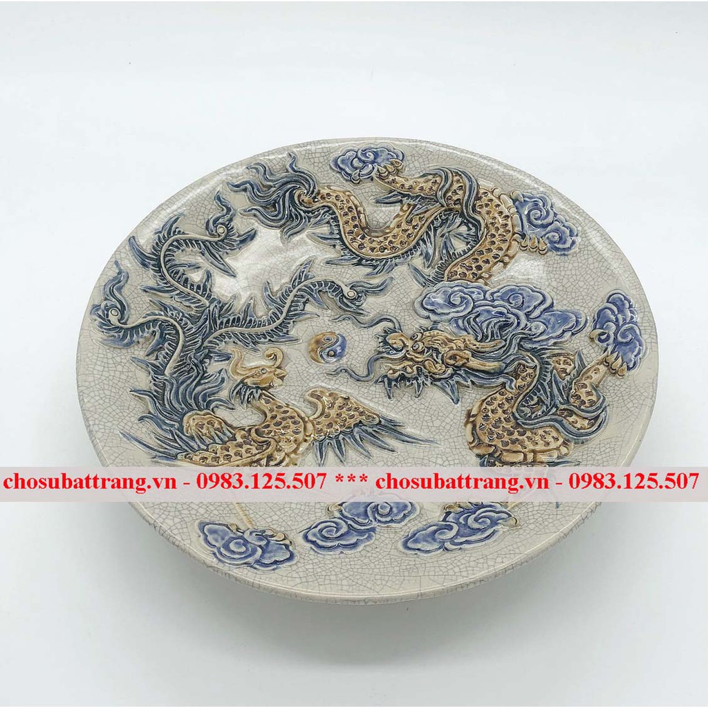 Đĩa đựng hoa quả men rạn đắp nổi long phượng - siêu đẹp siêu rẻ