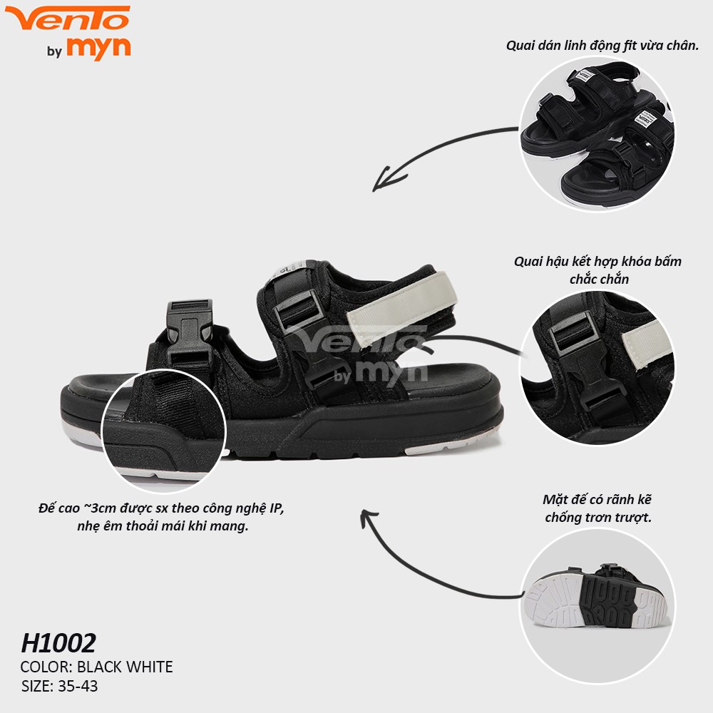 [Freeship] Sandal Vento Nam Nữ 1002 Đen trắng - Phong cách Unisex - Đế IP cao 2.5cm, chống trơn, chống xẹp lún