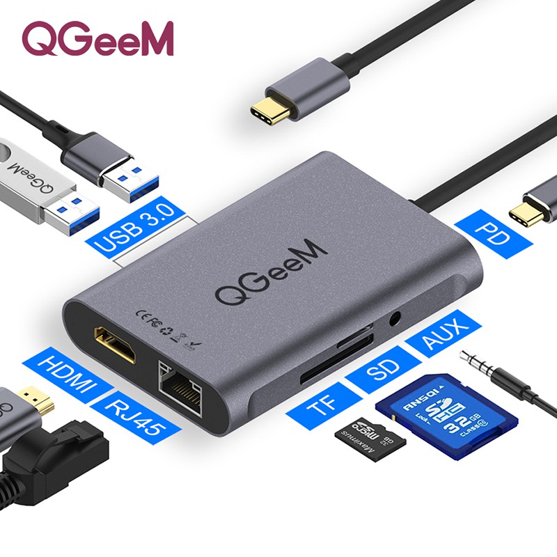 Bộ Hub USB C QGeeM 8 trong 1 4K USB sang HDMI, Type C sang Ethernet 1G, USB C sang USB 3.0 3.5mm AUX, đầu đọc thẻ Type C