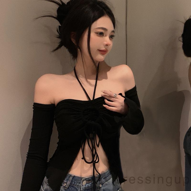 Áo Croptop Màu Trơn Dây Rút Xếp Ly Cổ Yếm Có Tay Áo Thời Trang Cho Nữ
