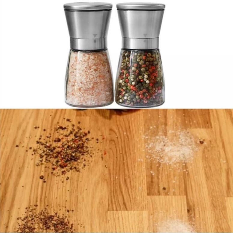 Lọ xay hạt tiêu. Bình xay hạt tiêu. Kích thước 13,5 x 6,5cm. Dung tích 150ml. Thủy tinh, INOX.