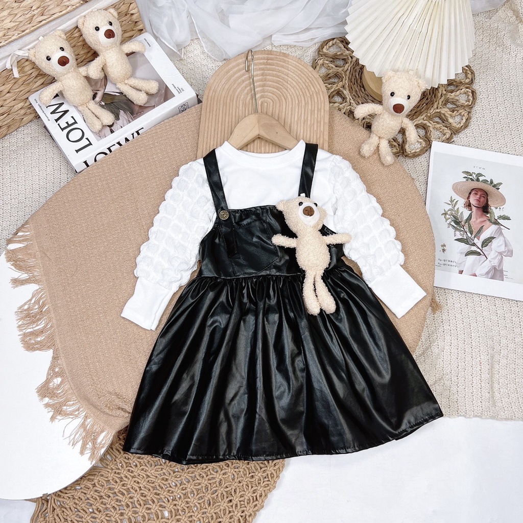 Váy thu đông dài tay cho bé gái, váy yếm da kèm áo cotton tay xốp bồng TĂNG GẤU siêu xinh cho bé