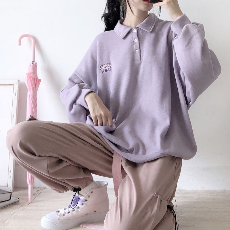 ÁO POLO NỈ LÓT BÔNG IN GẤU KOALA MÀU TÍM ULZZANG FORM RỘNG | BigBuy360 - bigbuy360.vn