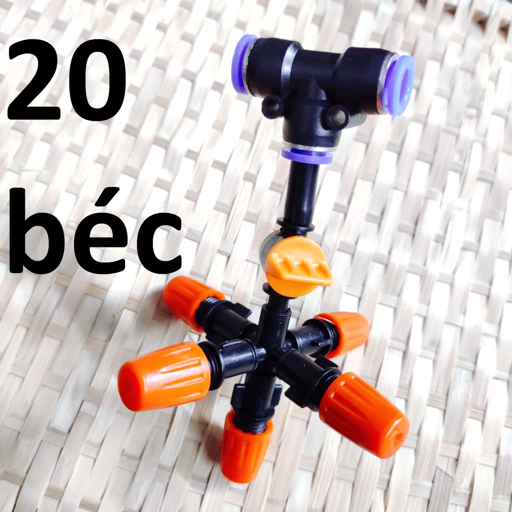 20 Béc tưới cây, phun sương 5 tia nhựa, có van khóa đầu béc, kết nối ống 8mm
