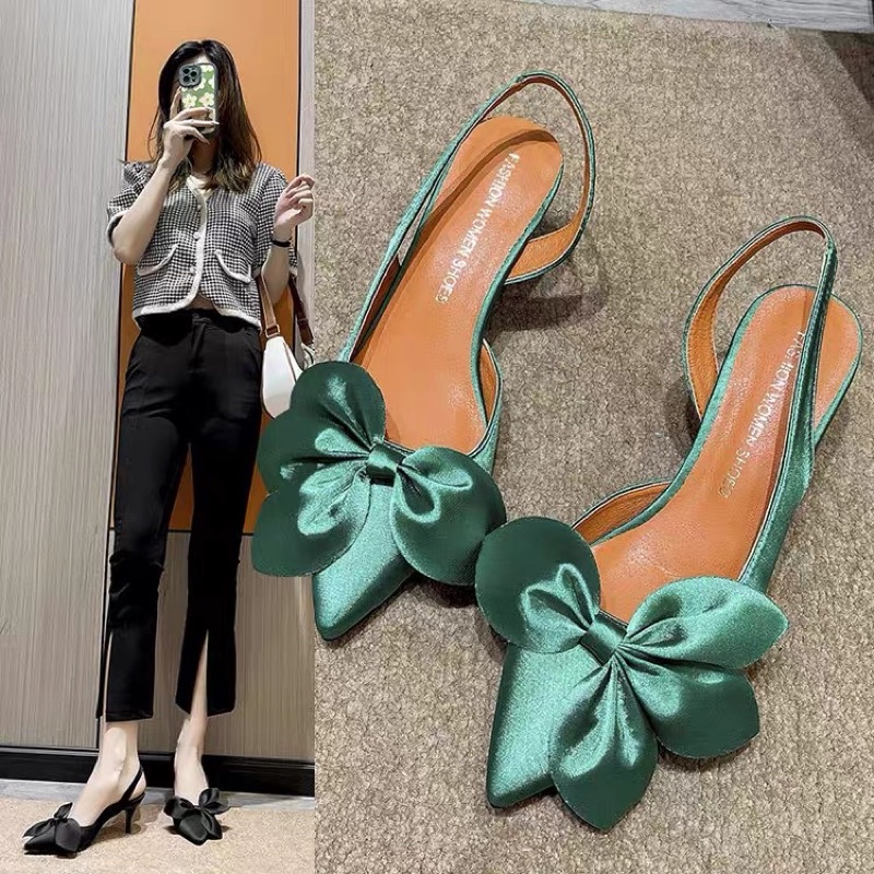 SALE— Sandal hở gót satin mũi nhọn nơ hoa BIG SIZE 41-43