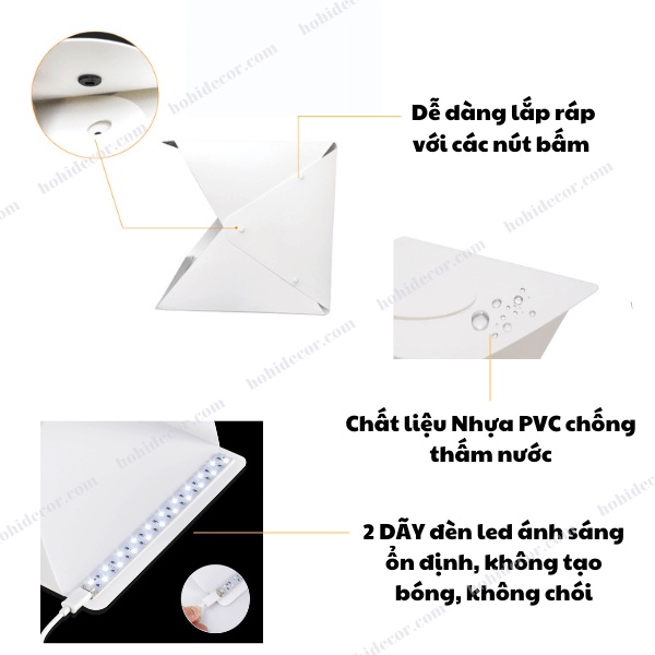 Box Chụp Ảnh Sản Phẩm 40x40 cm, Hộp Chụp Hình Có Đèn Led, Gấp Gọn, Thiết Bị Ánh Sáng Phòng Studio - HoHi Decor