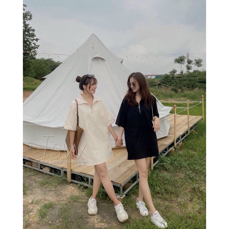 ĐẦM KAKI POLO DRESS form suông rộng oversize style hàn xẻng chất kaki dày dặn có 2 túi bên hông items basic