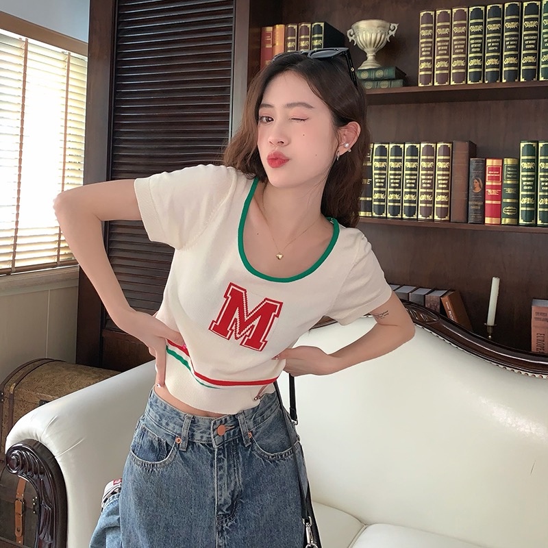 【ZHELIHANGFEI】Áo Thun Dệt Kim Tay Ngắn In Chữ Trẻ Trung Hợp Thời Trang