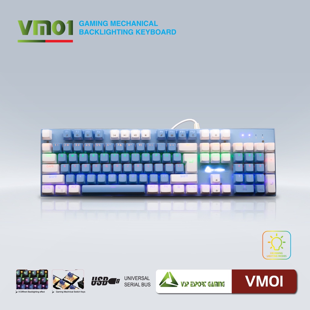 Bàn phím Cơ Gaming VSP Esport VM01 - 13 chế độ Led, Anti Ghost 25 phím - Hãng phân phối