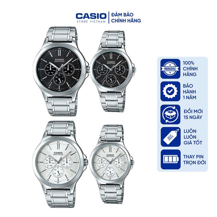 Đồng hồ Đôi Nam nữ Casio V300D, đồng hồ chính hãng, dây thép màu bạc mặt 6 kim