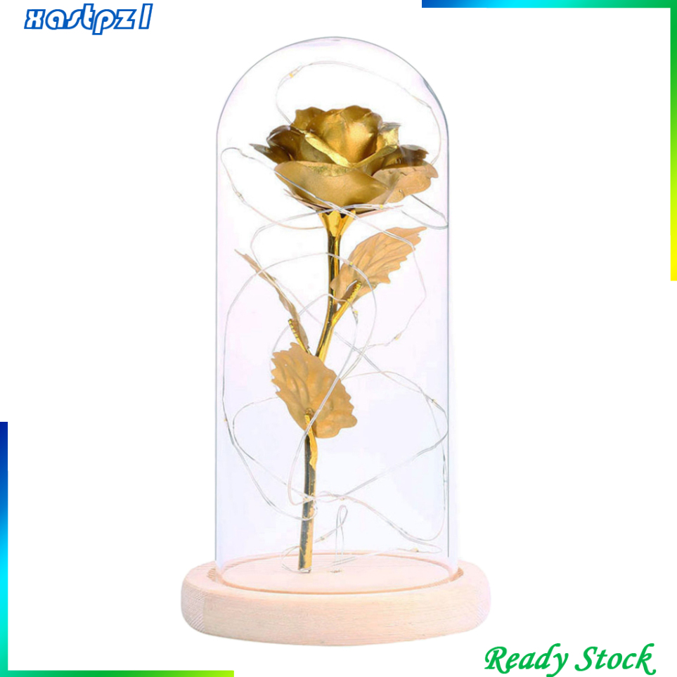 [Ready Stock]Rose In Glass Dome Wooden Base Led Flower Lamps