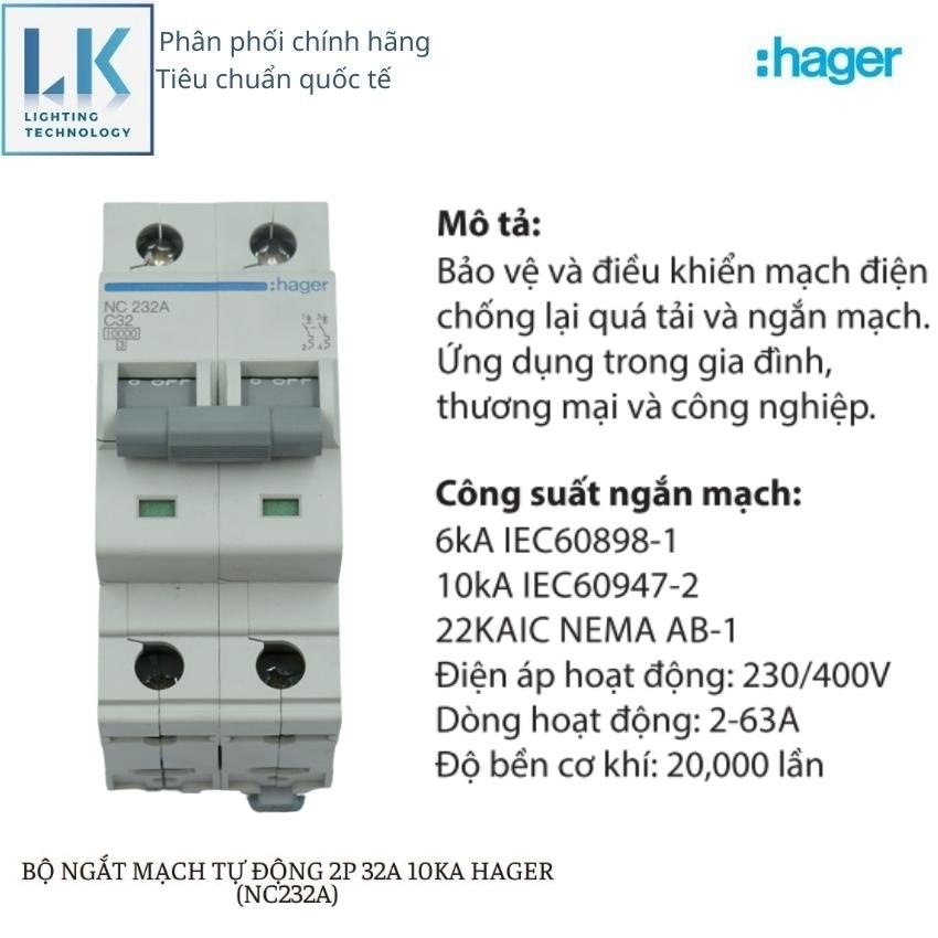 CẦU DAO TỰ ĐỘNG MCB HAGER Aptomat 2 pha 32A - NC232A- chuẩn quốc tế do LK Lighting phân phối chính hãng