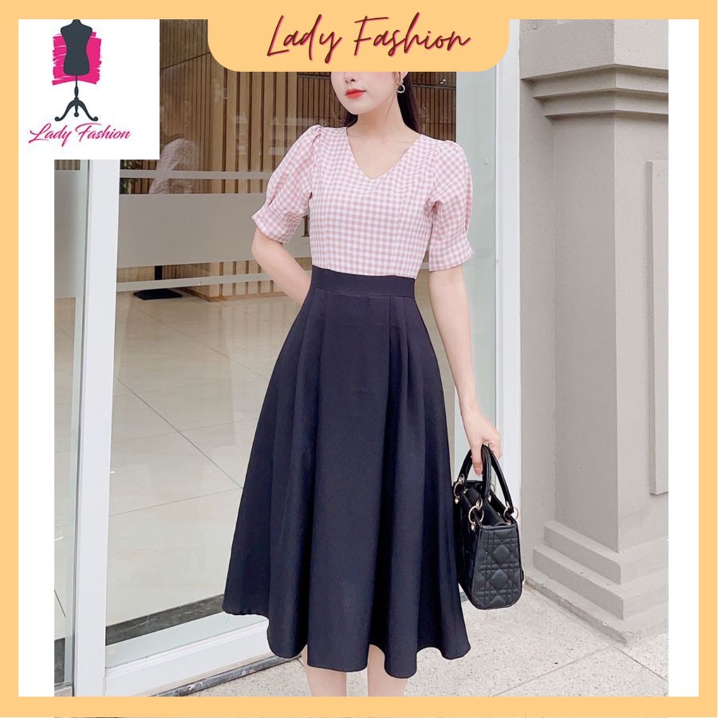 Đầm xòe Caro dễ thương MS019- Lady fashion