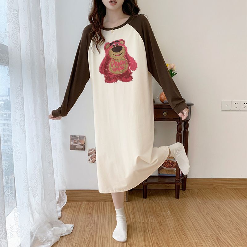 Đồ ngủ Tay Dài Vải Bông Dày Dặn in Hình Gấu Và Dâu Tây Dễ Thương Thời Trang Xuân Thu Cho Nữ