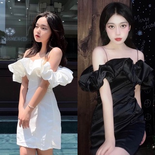Sẵn Đầm trễ vai bèo bồng trắng đen M