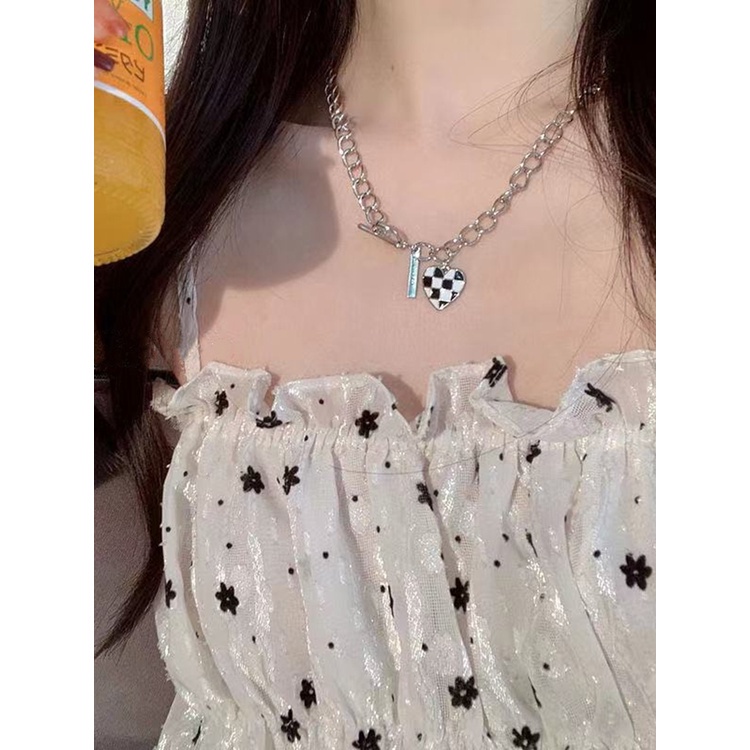 Vòng cổ Mặt Trái Tim Họa Tiết Ô Cờ Độc Đáo Thời Trang Hàn Quốc Cho Nữ
