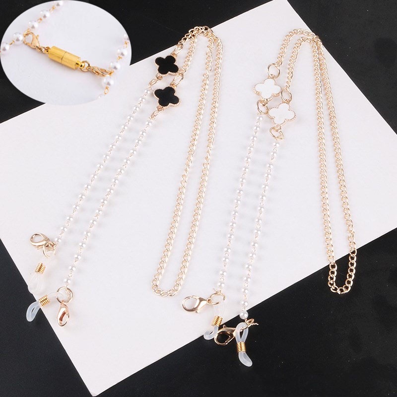 Vòng cổ Mặt Cỏ Bốn Lá Đính Ngọc Trai Nhân Tạo Phụ Kiện Mắt Kính Mới Cho Nữ