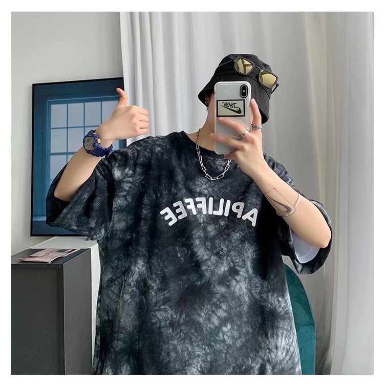 Áo thun tay ngắn cổ tròn nhuộm màu loang phong cách hong kong cá tính thời trang mùa hè cho nam Size M-7XL