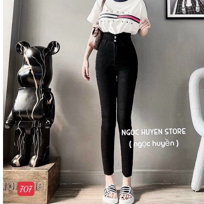 Quần jean nữ màu đen 2 nút lưng kiểu, Quần dài nữ chất vải denim co dãn cạp cao , T-Fashion Shop M707