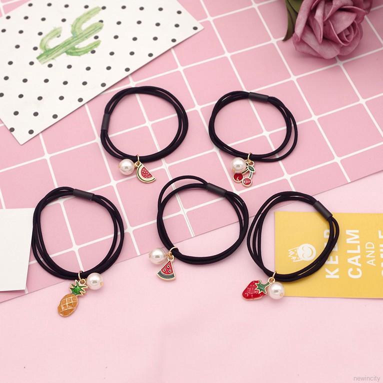 Dây buộc tóc hình trái cây đính ngọc trai xinh xắn cho bé gái