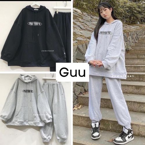 Set đồ đi chơi áo hoodie dáng rộng kèm quần bo gấu cá tính GUU